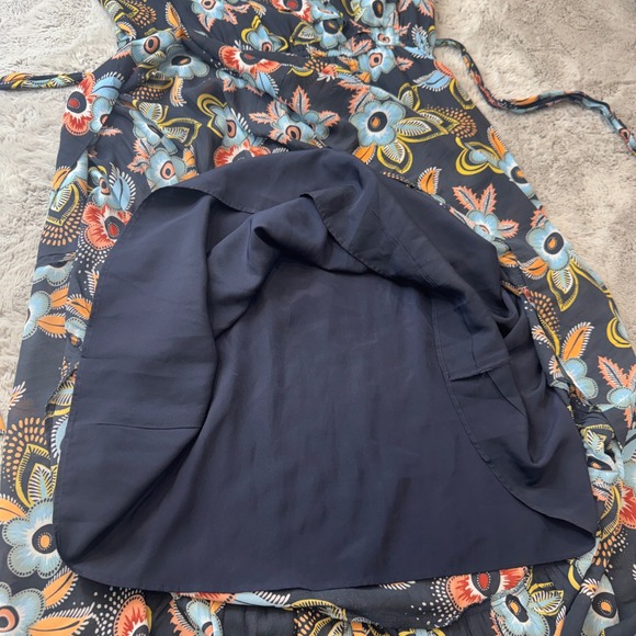 Ann Taylor Loft Floral Cold Shoulder Maxi Dress Navy Blue Large Wrap Tie Waist - Picture 14 of 16